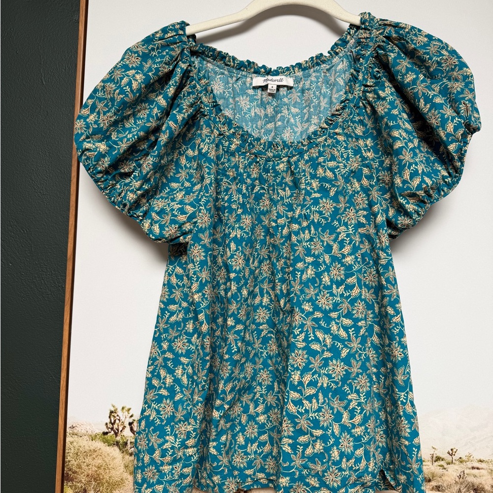 Madewell Teal Floral Puff Sleeve Blouse